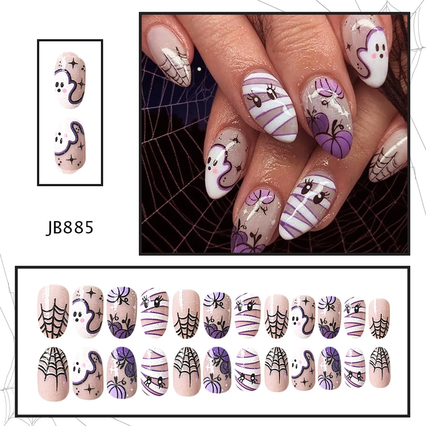 Halloween Press on Nails Short Oval Shaped Cute Ghost Pumpkin Mummy Pattern Design Halloween Nail Full Cover Artificial Acrylic False Nail French Spider Web Festival Stick on Nails for Women 24Pcs