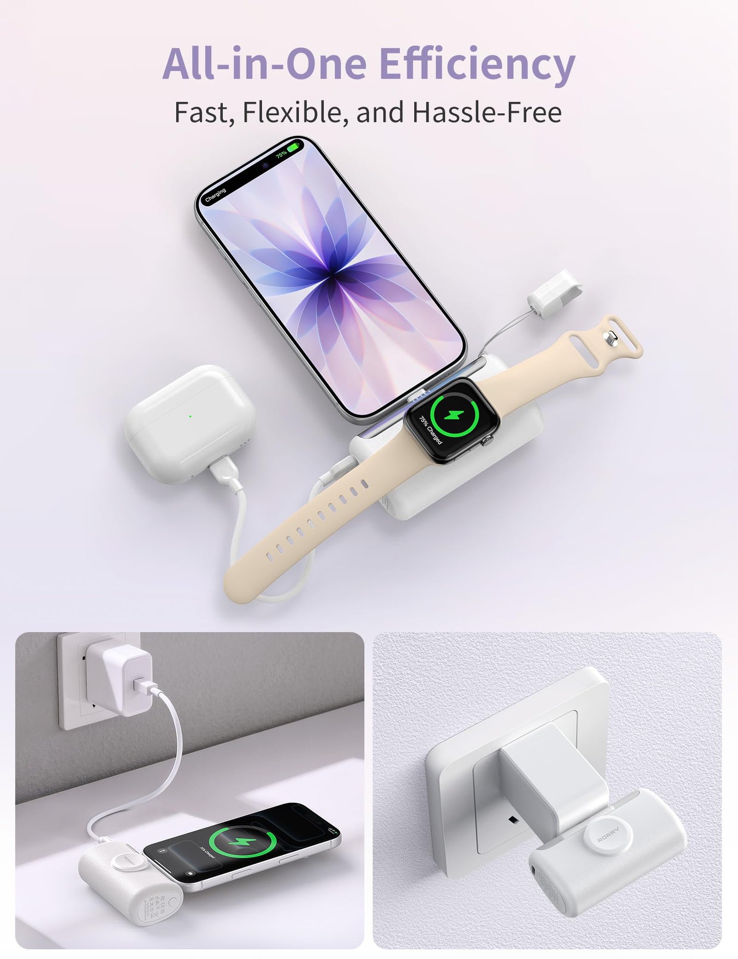 RORRY PalmGo Portable Charger, 10000mAh PD 22.5W Fast Charging Mini Power Bank with Built-in USB C Connector, 3-in-1 Battery Pack for iPhone 17/16/15 Pro/Max, Apple Watch Ultra/11/10/SE, iPad, White