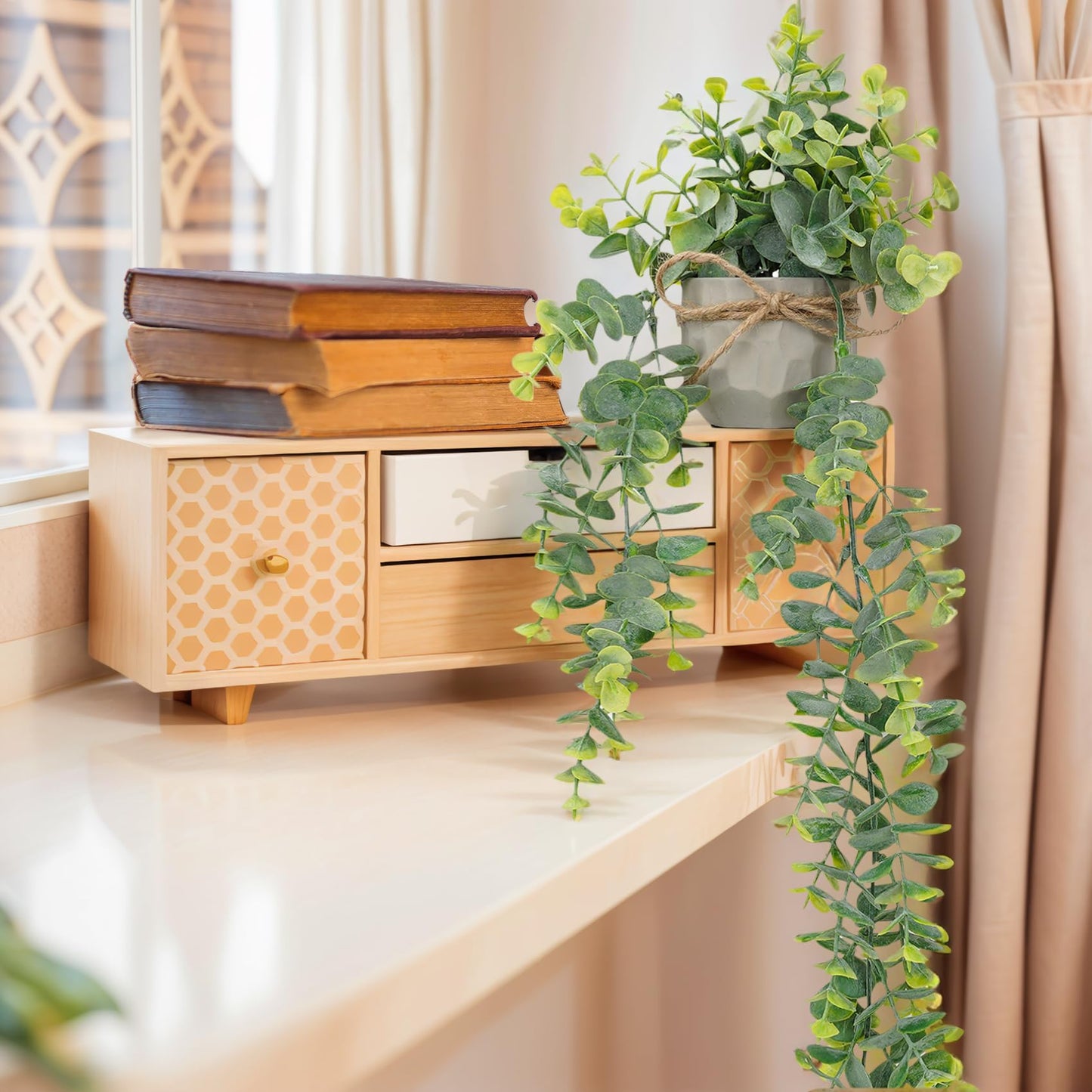 HOFMEFY Artificial Hanging Faux Eucalyptus Plants in Small Gray Geometry Cement Pots with Lanyard for Greenery Wall Shelve Decor (2PCS,Green)