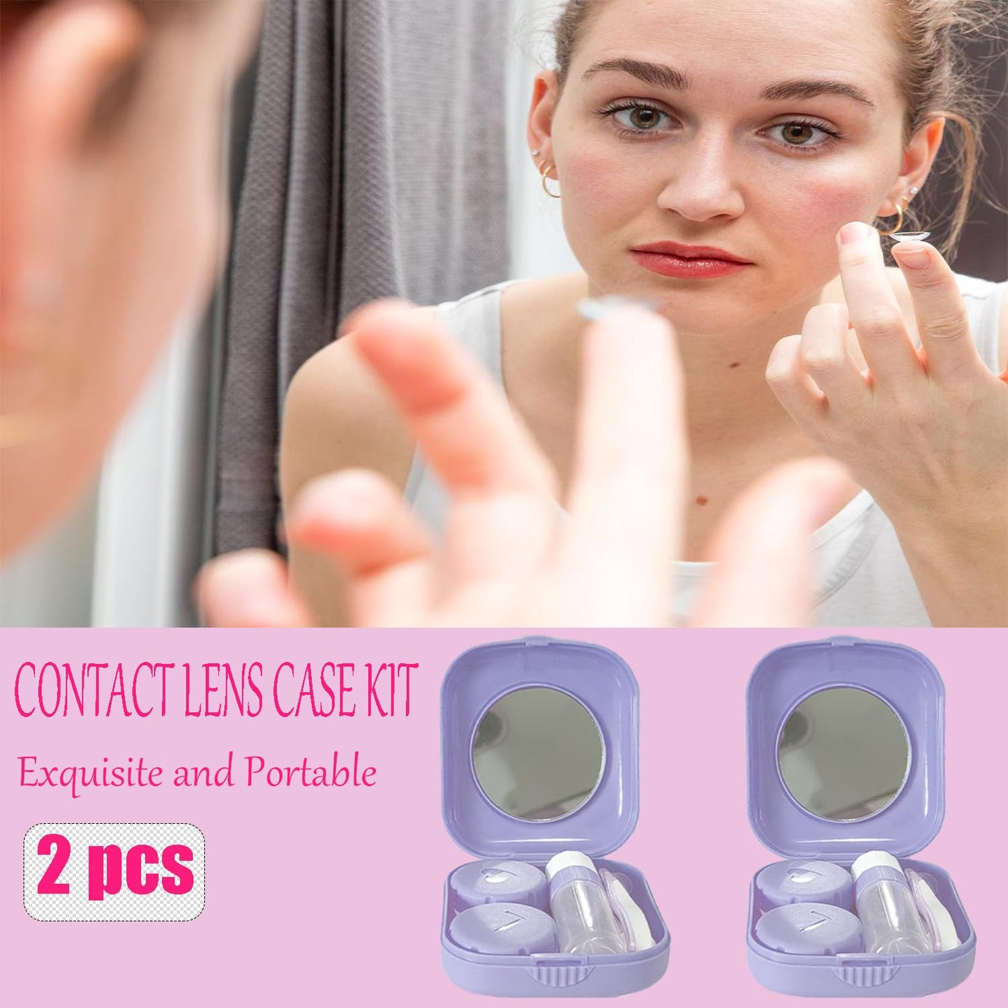 Erewa Contact Lens Case, 2 Pack Portable Contact Lens Box Kit with Mirror, Compact Soak Storage Kit for Travel (Light Purple)