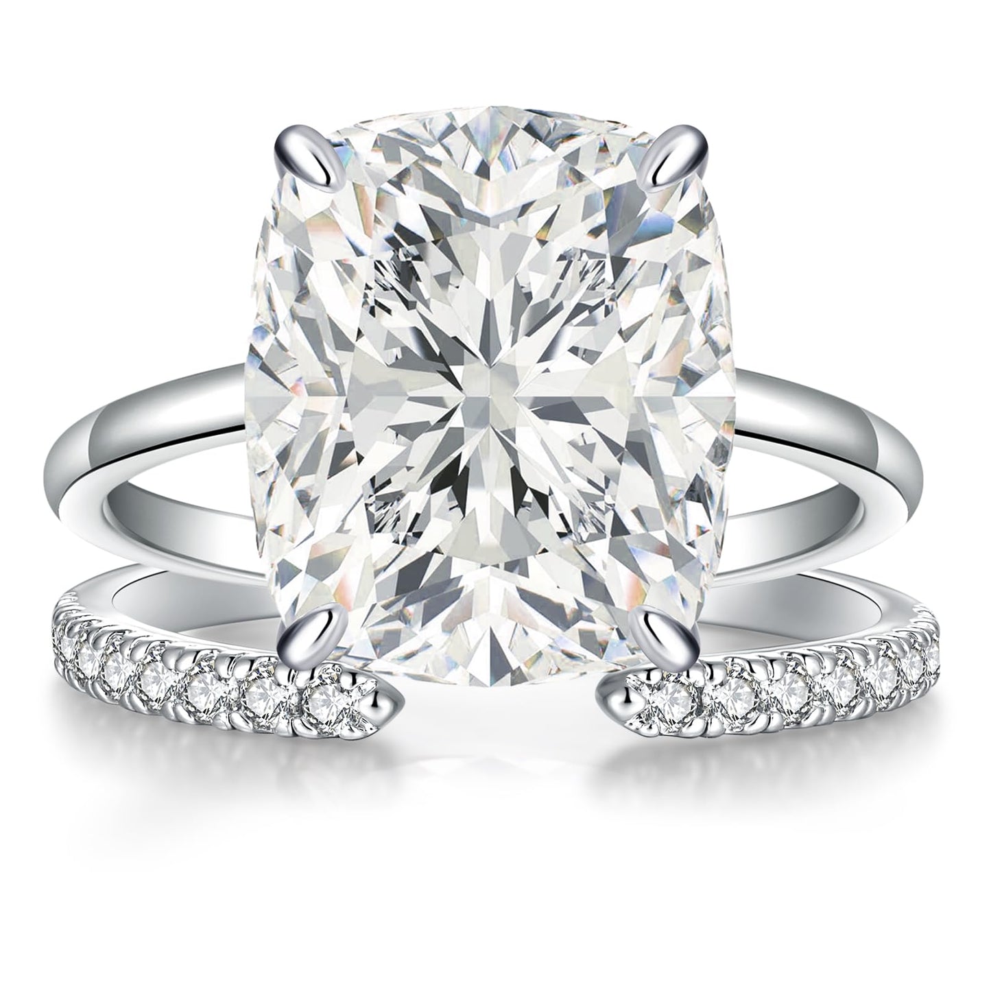AVECON 3CT Elongated Cushion Cut Engagement Ring Set for Women, Wedding Promise Cubic Zirconia Band, White Gold Plated Stackable Adjustable Bridal Half Eternity Open Rings, Size 6