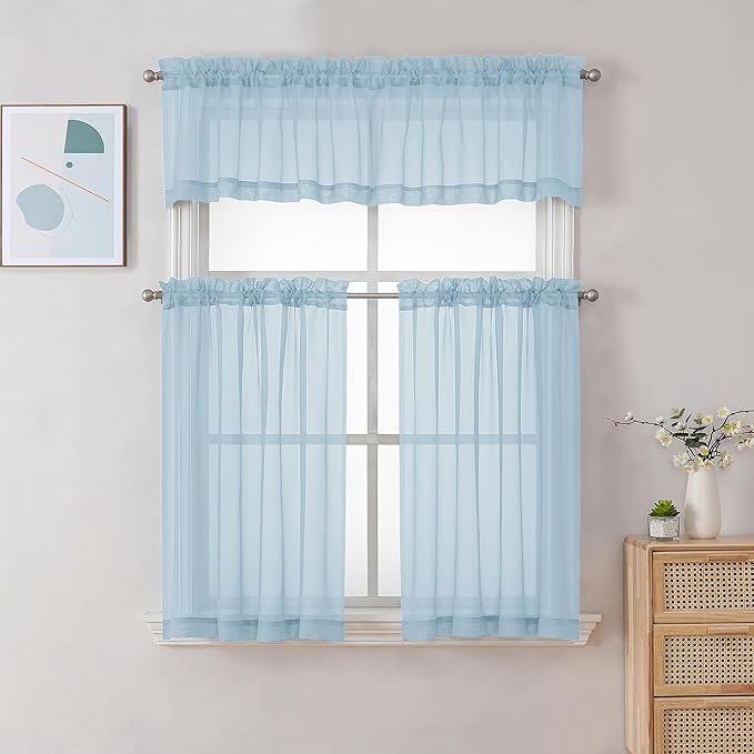 Chyhomenyc Light Blue Sheer Valances for Windows 2 Pack, Small Window Curtains for Living Room Bathroom Cafe Laundry Basement, Modern Top Dual Rod Pocket Voile Curtain, 42W x 14L inches, Sky Blue