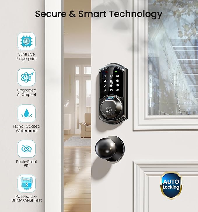 Veise VE07 Fingerprint Smart Door Lock, 7-in-1 Keyless Entry Deadbolt with App Control, Electronic Digital Touchscreen Keypad, Biometric Smart Locks for Front Door, Auto Lock, Matte Black