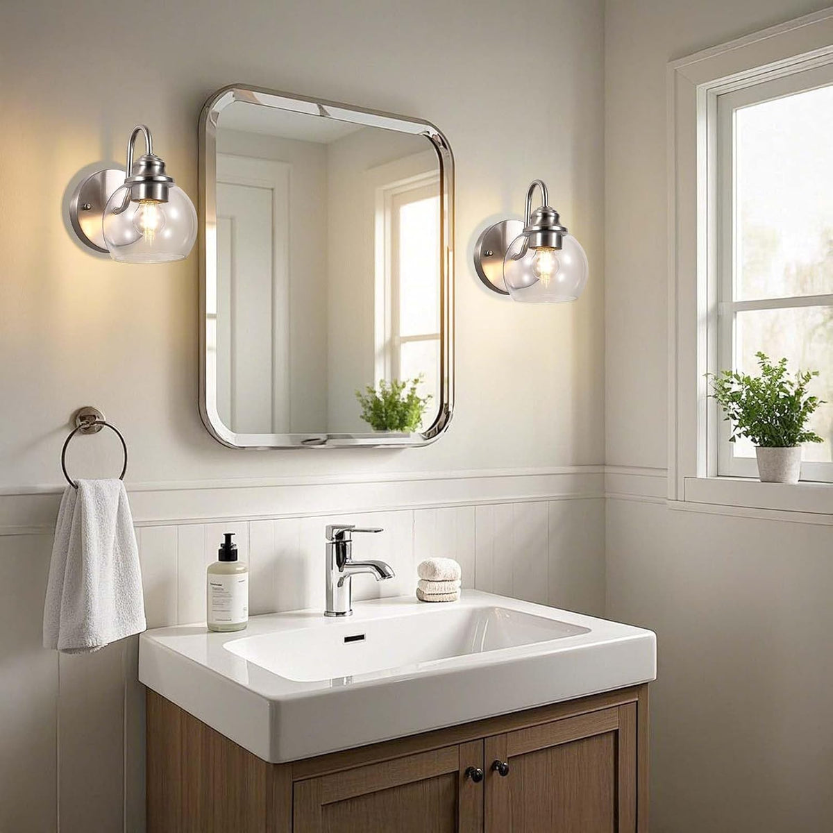 Farmhouse Gooseneck Wall Sconces Set of Two, Bathroom Brushed Nickel Vanity Light, Modern Indoor Wall Light Fixtures with Clear Glass for Bathroom Beside Mirror Living Room Hallway(Brushed Nickel)