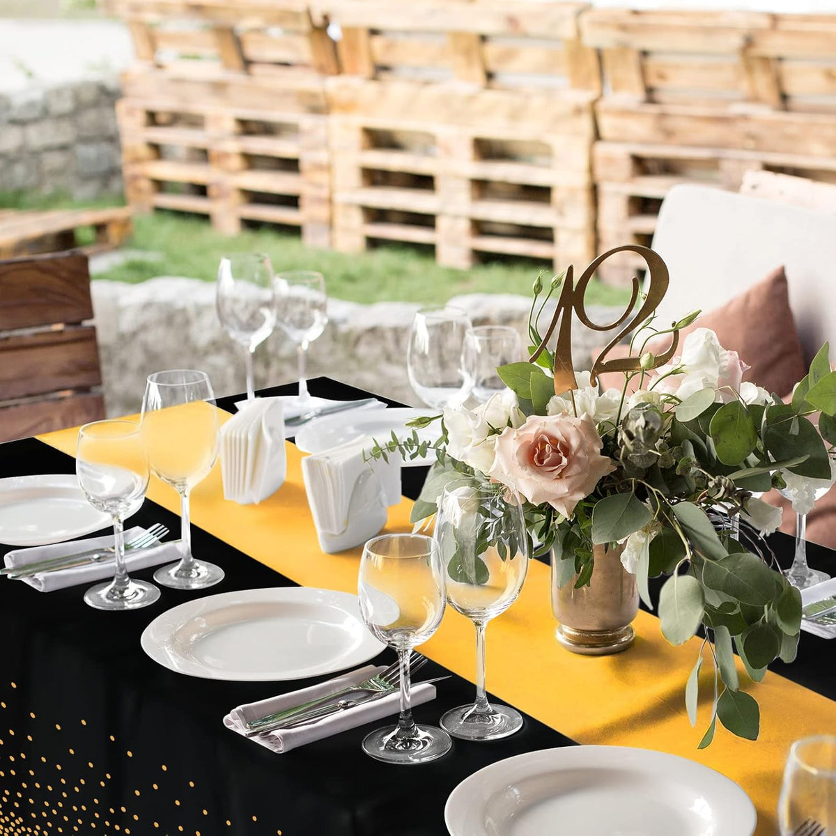 8Pack Disposable Plastic Tablecloths and Satin Table Runner Set Black Gold Dot Table Cloth Gold Satin Table Runner for Graduation Wedding Birthday Baby Shower Anniversary Holiday Party Decorations