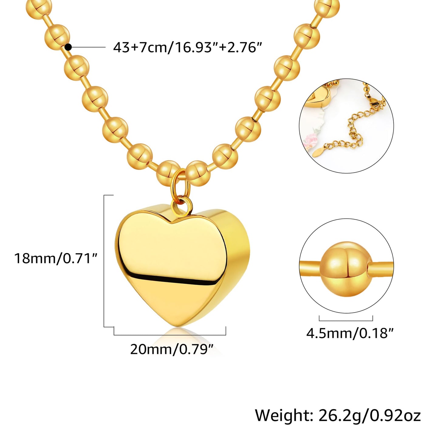 BONJOULRY 18K Gold-plated Heart Necklace, Chunky Gold Heart Necklace for Women Puffy Heart Pendant Necklace Ball Beaded Chain Chunky Jewelry for Women