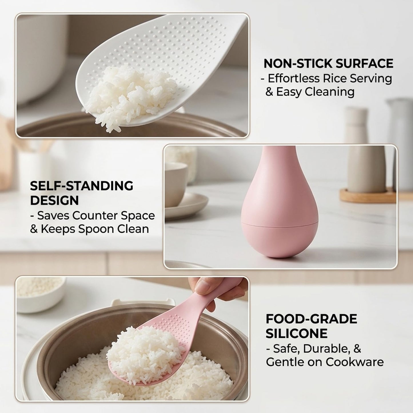 2PCS Non Stick Vertical Rice Spoon, Rice Scoop, Silicone Rice Paddle for Easy Serving,Vertical Design for Space Saving, PP Material Durable Construction