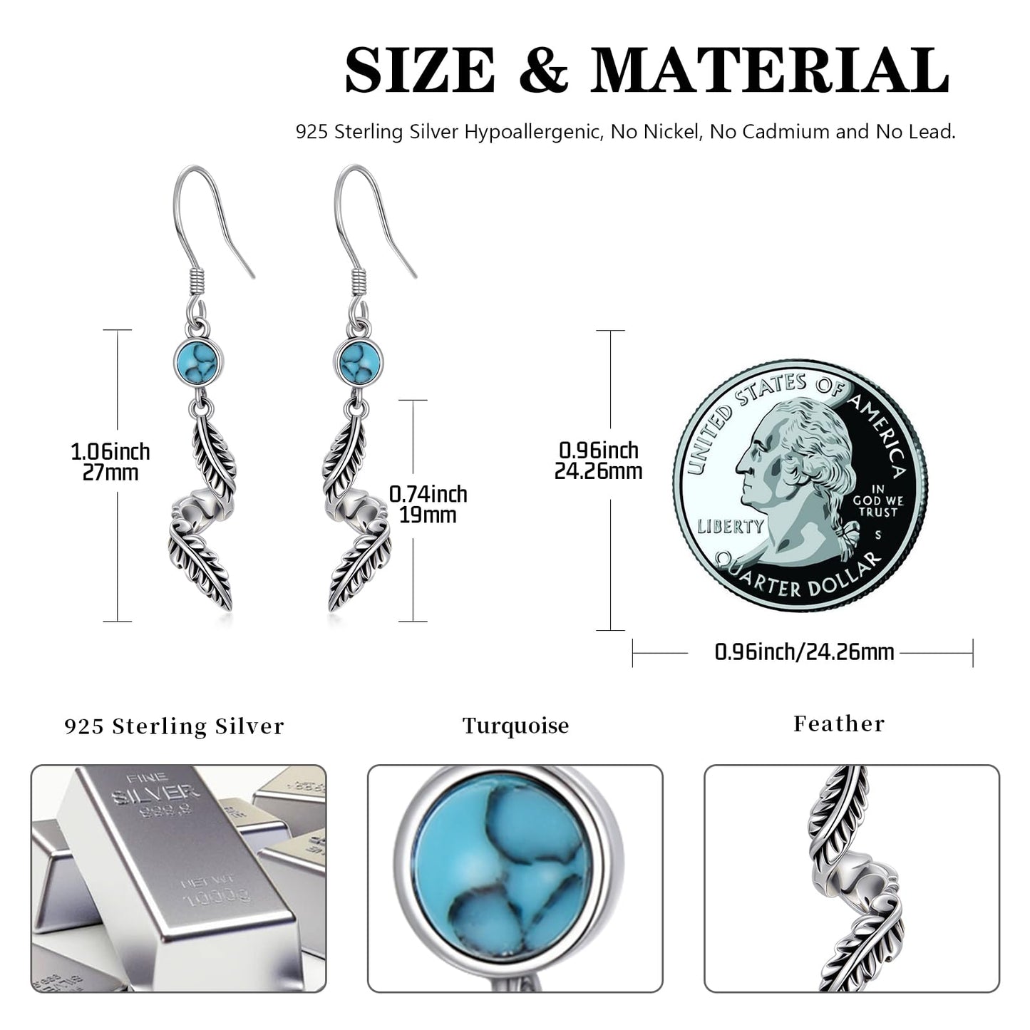 KoyeKei Feather Dangle Drop Earrings for Women 925 Sterling Silver Feather Turquoise Vintage Dangling Earrings Western Country Jewelry Boho Gifts