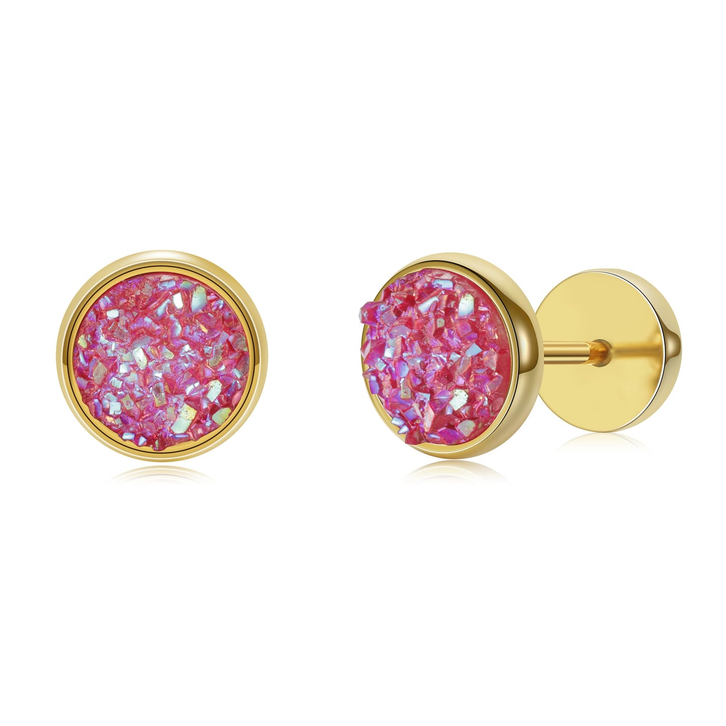 Women Men Flat Back Stud Earrings Non-Nickel Crystal Stone Earrings Titanium Stainless Steel Hypoallergenic Cartilage Earrings Stud for Sensitive Ears(Pink-gold)
