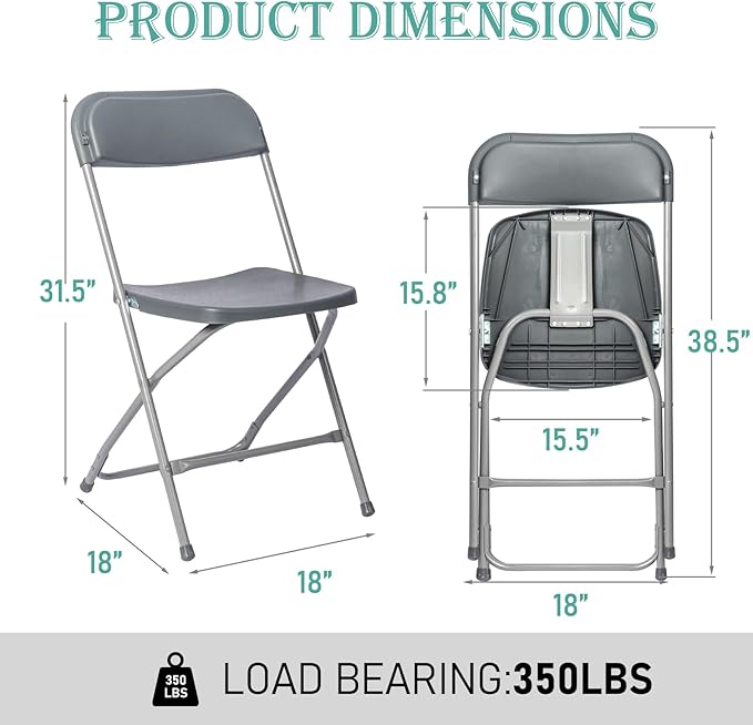 90 Pack Plastic Grey Folding Chairs,Portable Party Chairs Stackable Commercial Seats with Steel Frame for Office Home Outdoor Indoor Wedding Party Patio Dinning Events,350lbs Capacity
