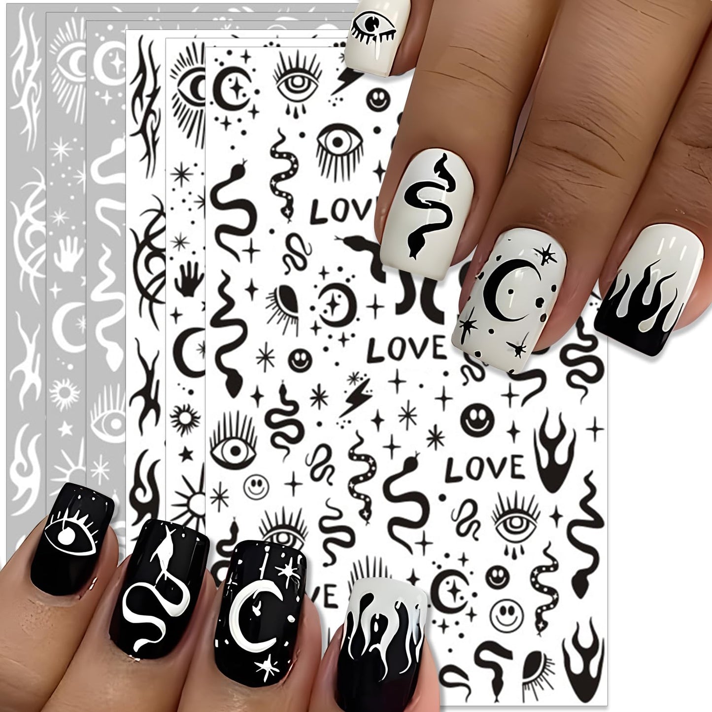 IDDFEVE Gothic Nail Art Stickers - Black & White Moon Star Snake Fire Self-Adhesive 3D Nail Decals for DIY Halloween Punk Manicure (6 Sheets)