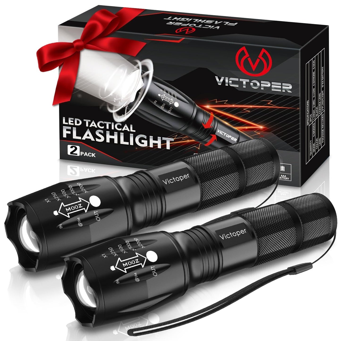 Victoper LED Flashlight 2 Pack, Bright Tactical Torch High Lumens with 5 Modes, Waterproof Zoomable Flash Light for Outdoor, Birthday Gifts for Men, Dorm Room Hiking Camping Essentials Gear for Guys