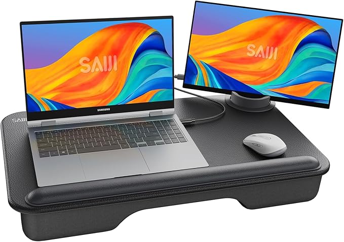 SAIJI Laptop Lap Desk - Fits Up to 17" Laptops, Lightweight Lap Tray Table Stand with Soft Leather Wrist Pad, External Monitor Holder, Lap Desk with Cushion for Home Office Working/Gaming On Couch