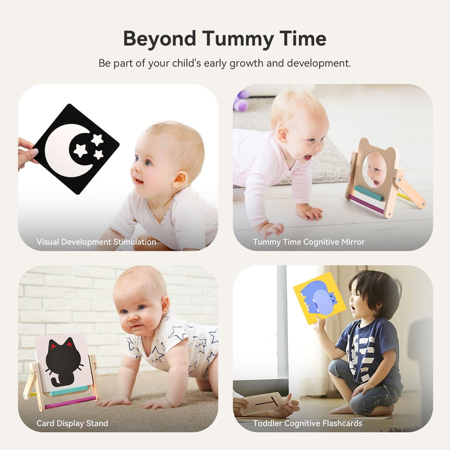 IEATFO Rotating Baby Safe Mirror with 120 Pages Visual Stimulation Cards - Wooden Tummy Time Mirror Toys - Black White Red and Color High Contrast Baby Flashcards for Brain and Cognitive Development