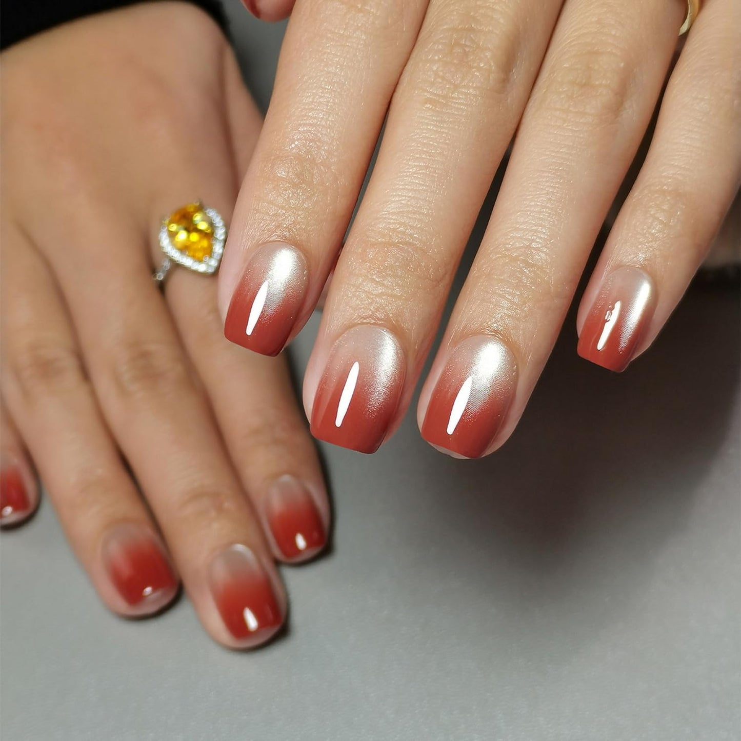30 Pcs Soft Gel Press on Nails Short Square Shaped Fake Nails Luxurious Red Cats Eyes Gradient Designs Full Cover Thickened Stick on Nails Glossy Acrylic False Nails with Glue for Women Manicure