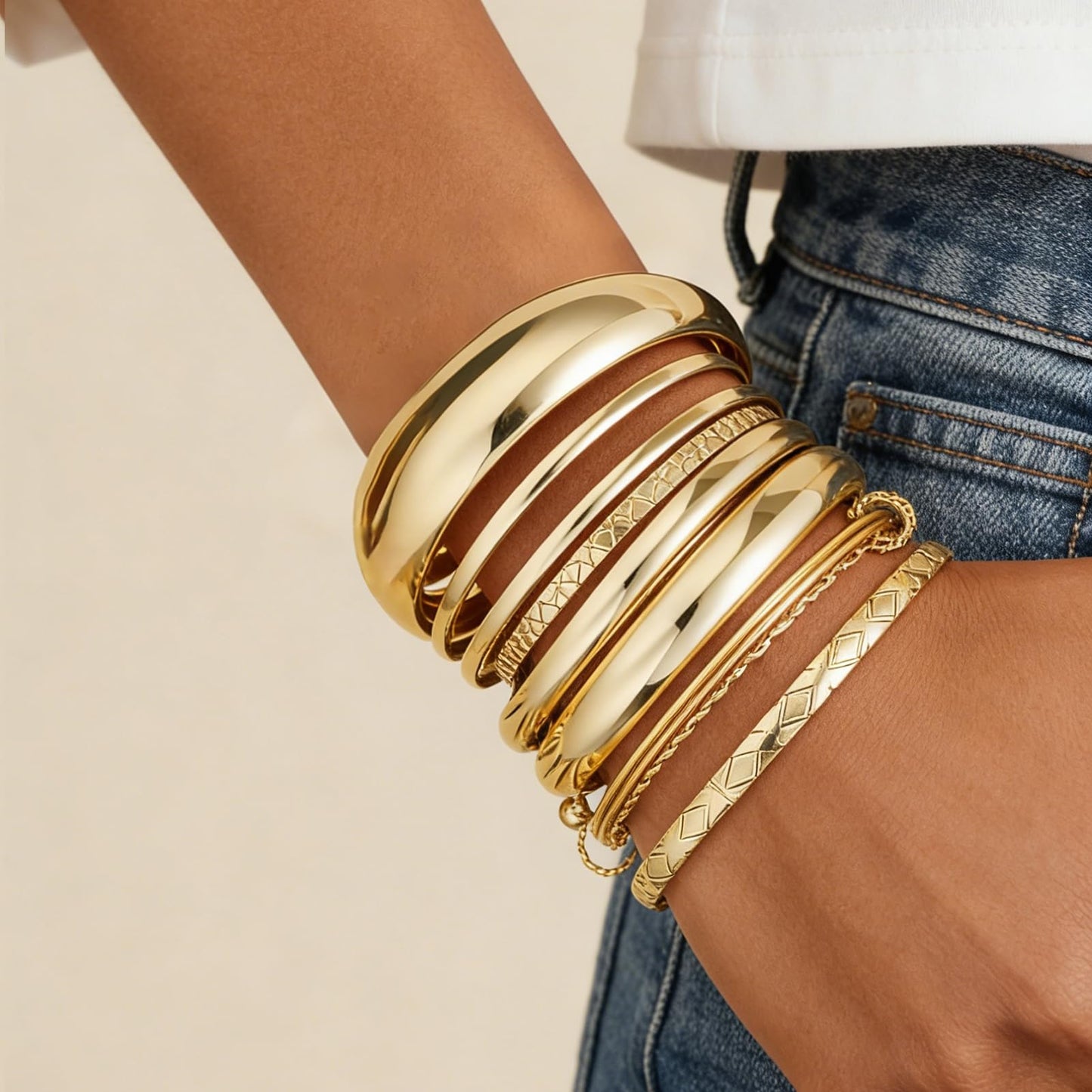 ÌF ME Gold Bangle Bracelets for Women, 19Pcs Multi Stackable Textured Bangles Set, Trendy 14K Gold Plated Chunky Knot Bracelet Stack Boho Jewelry Gifts