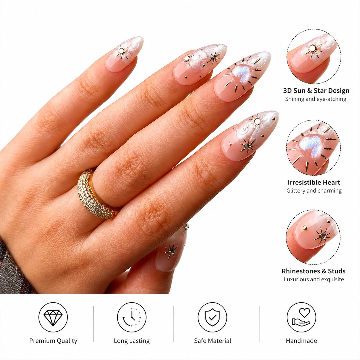 ECLALE Press on Nails Almond Shape, Rendering Painting Design 3D Sun & Star Design with Glittery Heart, Long Lasting, Safe Material Reusable Artificial Almond False Nails for Women 10PCS (S)