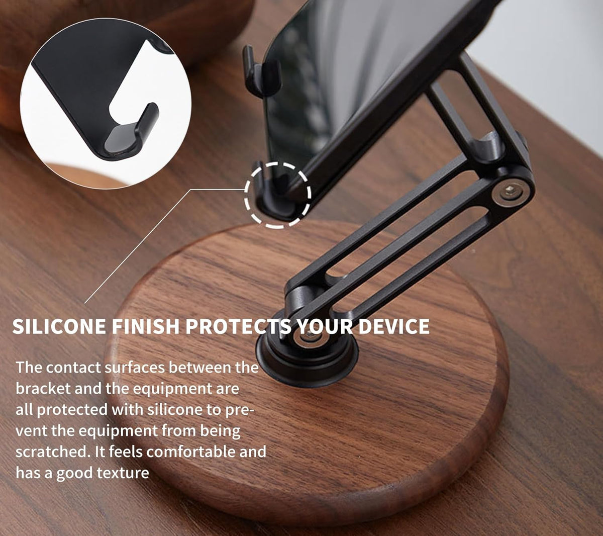 RENMTURE Phone Desk Stand, Adjustable Foldable Cell Phone Stand with 360° Rotation for iPhone 16 15 14 13 Pro ipad, Mobile Phones & Tablets Stable, Ergonomic Holder for Home Office, Walnut Wood Base