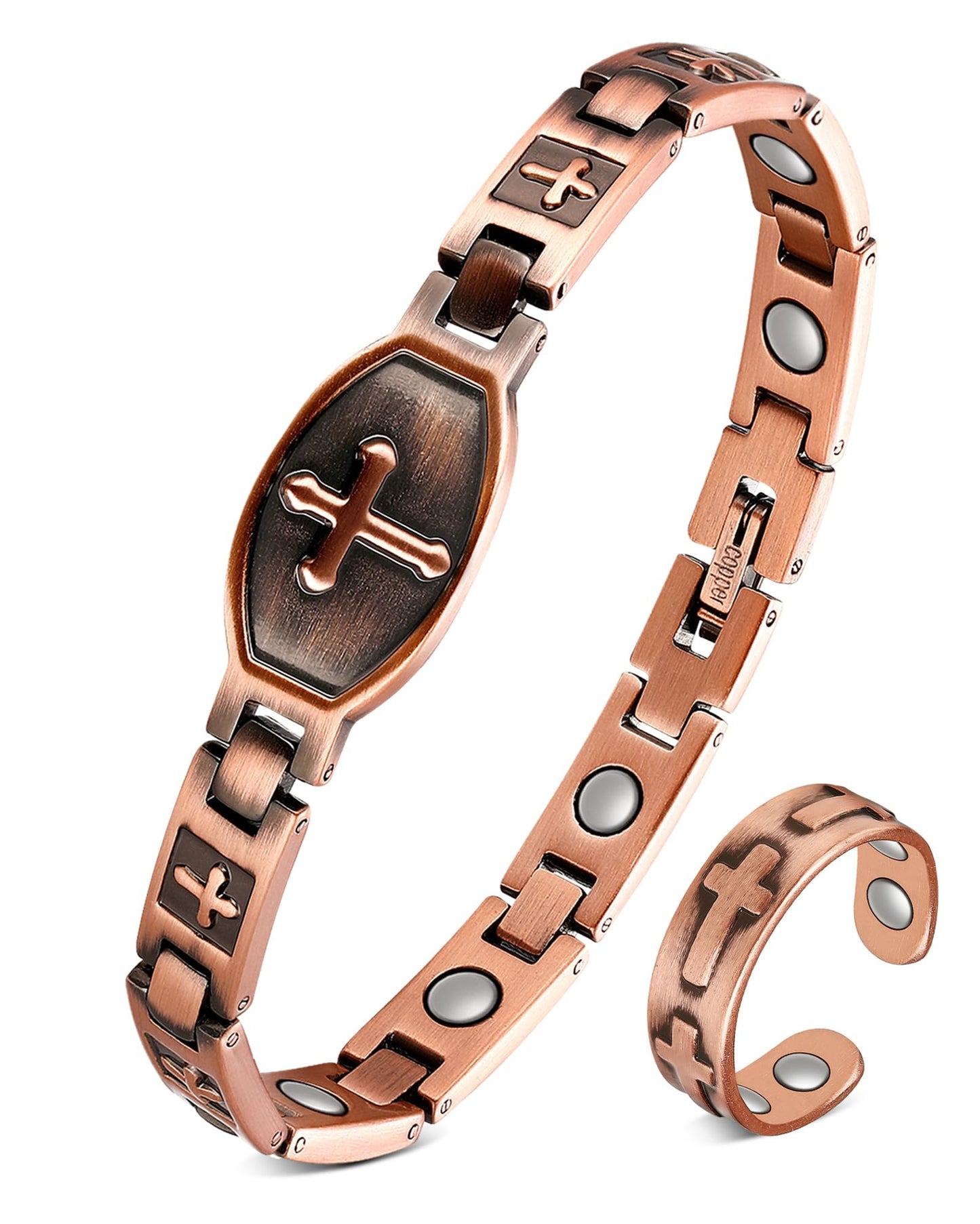 Jecanori 99.99% Pure Copper Magnetic Bracelets for Women, Copper Cross Bracelet With Ring, Ideal Gift