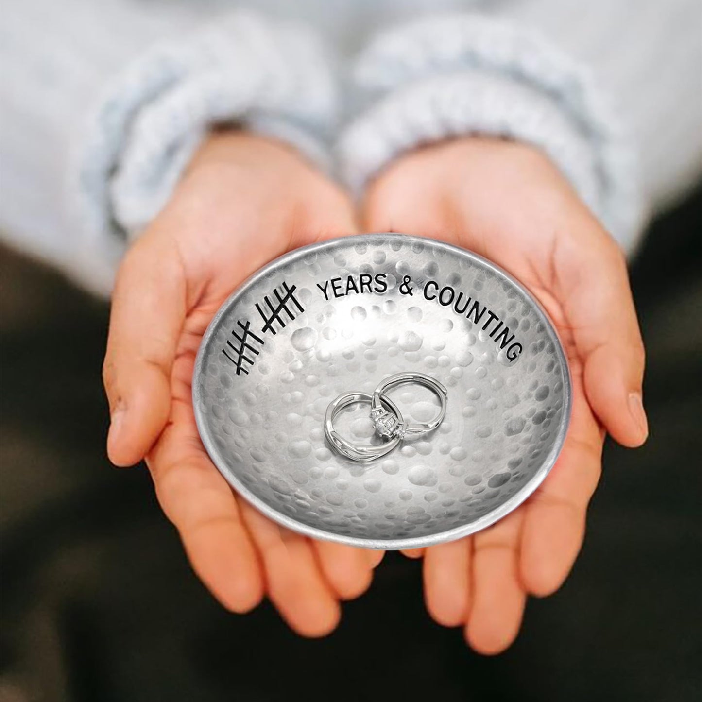 CEELGON 10 Year Wedding Anniversary Tin Gifts - 4" Tin Jewelry Tray Engraved Aluminum Decorative Dish for Couple