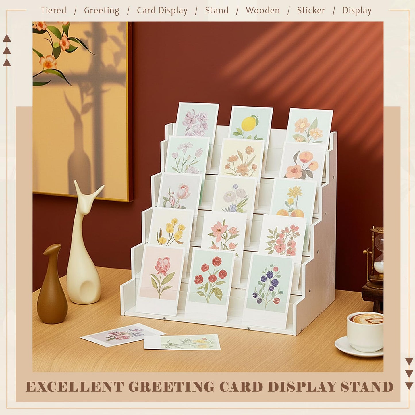 Yuntau 5 Tier Greeting Card Display Stand White Bamboo and Acrylic Sticker Display Stand Trading Card Holder Retail Photos Shelf for Vendors Craft Collection & Show