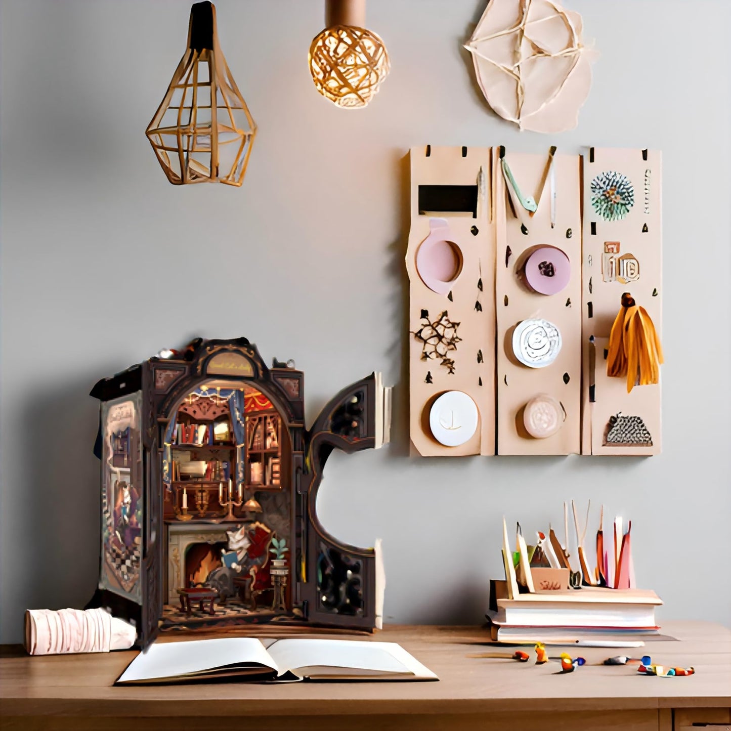 Fsolis Book Nook Kit Cat, DIY Scene Miniature Kit 3D Wooden Puzzles for Adults Booknook for Beginners Bookshelf Nook Decor Mini Building House, Gift for Women Readers Book Lovers (Count Cat's Study)
