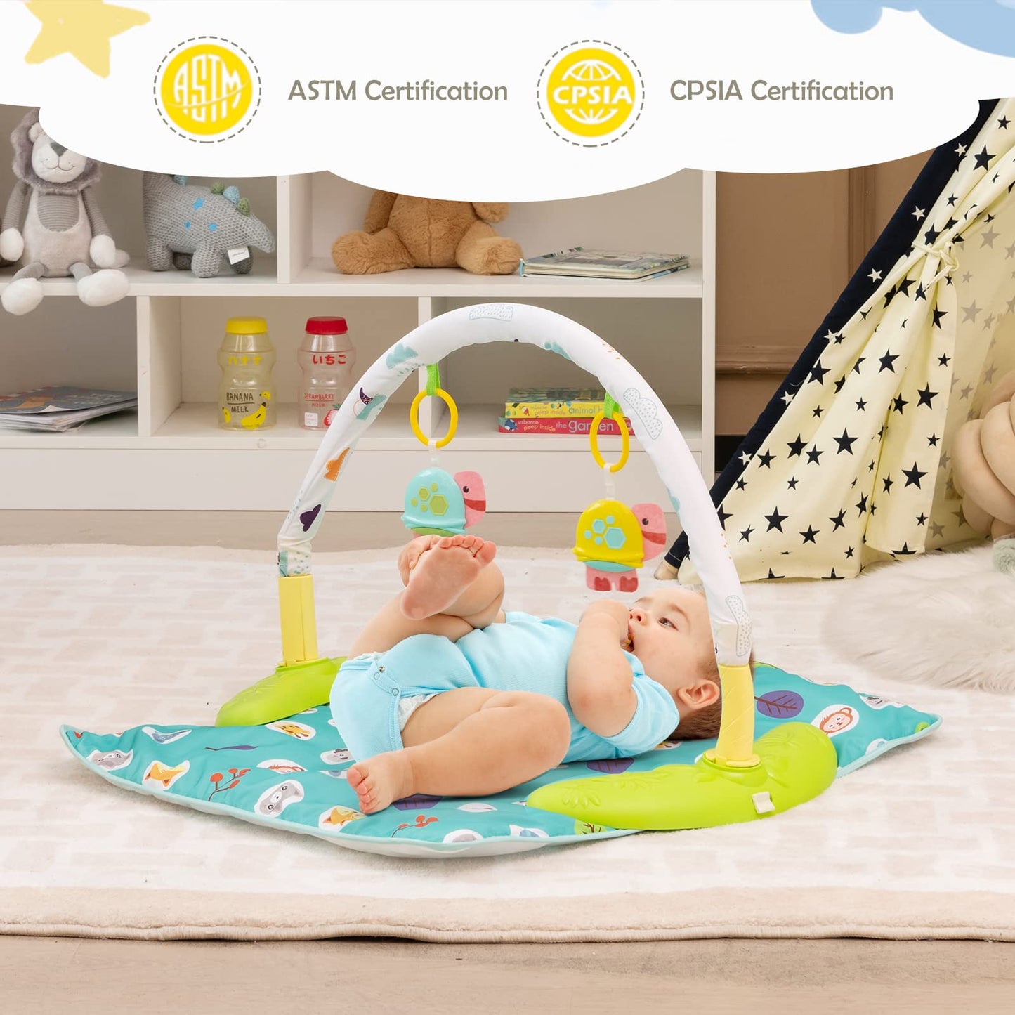 HONEY JOY Baby Bouncer Activity Center, 3-Stage Bouncing Activity Saucer & Playtime Mat & Activity Table, Toy-Bar, 3 Adjustable Heights, Foldable Activity Center for Infants & Toddlers(Green)
