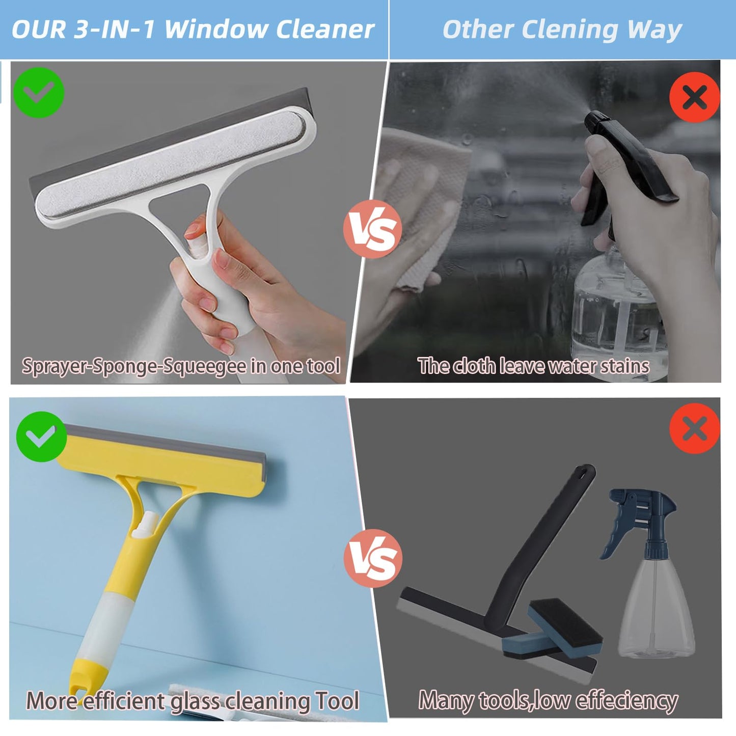 3 in 1 Window Squeegee, Cleaning Scraper with Scrubber Sponge Sprayer Clean Kit for Glass, Tile Walls, Shower Door, Car, Bathroom Cleaner (White)