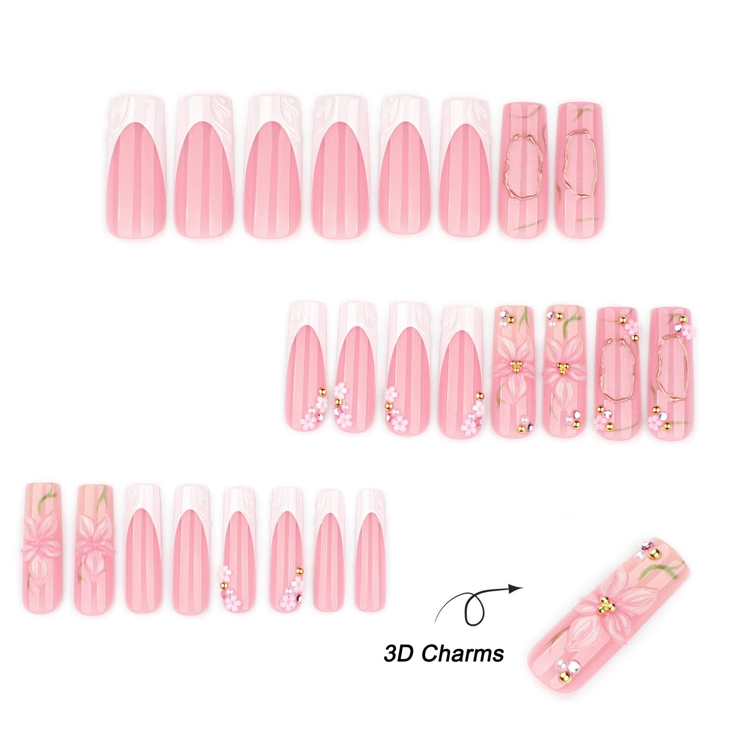 plalely Long Square Press on Nails,Handmade Acrylic Press on Nails with Designs，Long Press on Nail for Women 24pcs
