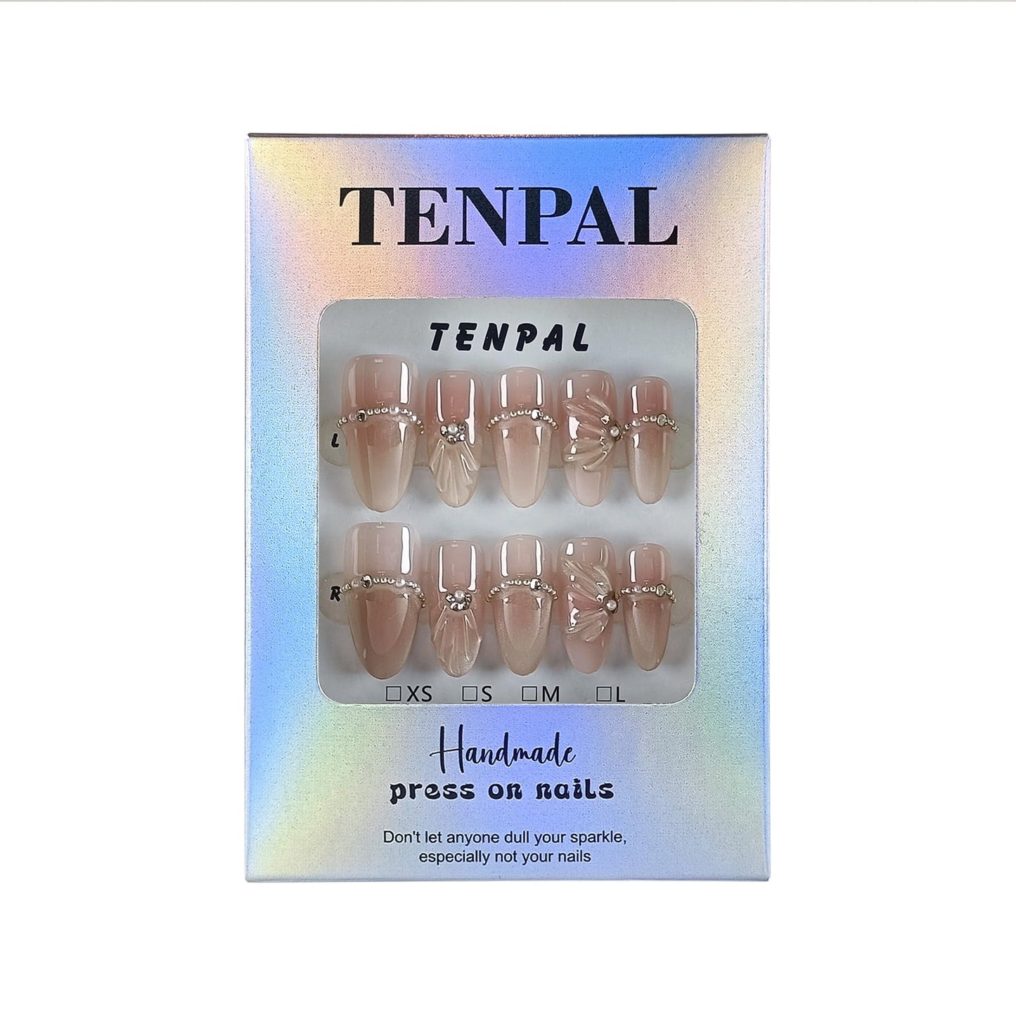 TENPAL Mermaid Cat Eye Press on Nails 10Pcs Kit,Medium Almond Nude Pink Fake Nails with 3D Wave Shell, Chain Rhinestone French Tips Spring Summer False Nails,Handmade Glue on Nails Luxury Design(M)