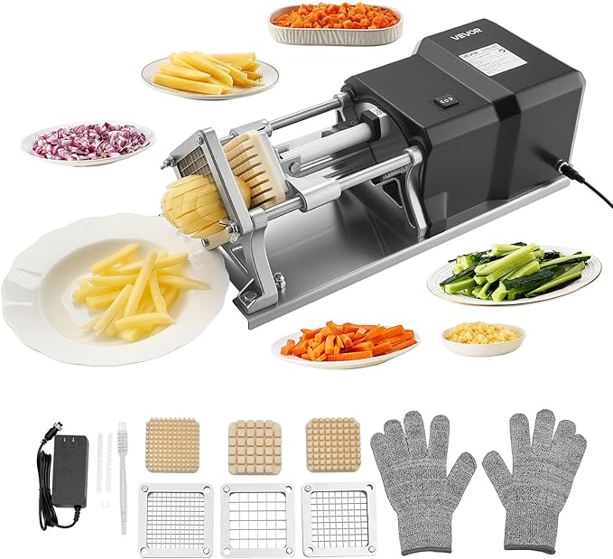 VEVOR Commercial French Fry Cutter, Stainless Steel Vegetable Fruit Chopper with 3 Replacement Blades 1/2-Inch 3/8-Inch 1/4-Inch, Electric Potato Slicer Dicer for Restaurants & Home Kitchen
