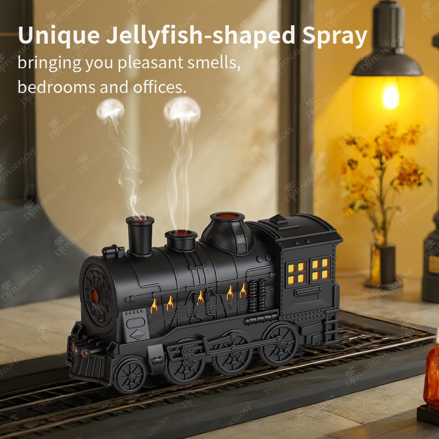 Diffuserlove Train Diffuser 300ML Essential Oil Diffuser Cool Mist Humidifier Aroma Diffuser with Night Light for Bedroom Desk Black
