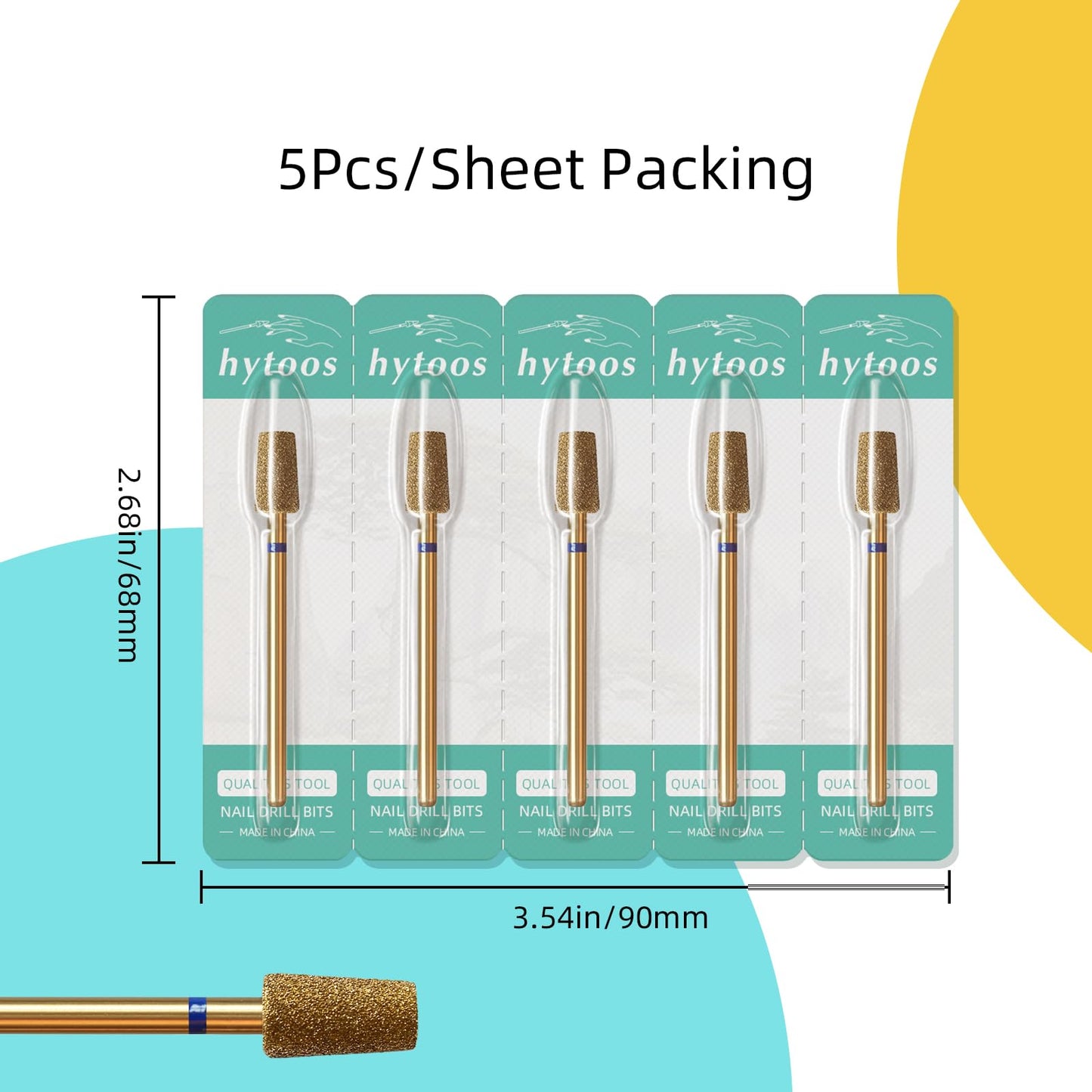 HYTOOS 5mm Large Tapered Cuticle Clean Nail Drill Bit, 5Pcs/Set Titanium Russian Diamond Nail Bits Professional Safety Under Nail Cleaner Burr for Cuticle Dead Skin, Electric Drill Accessories, Medium