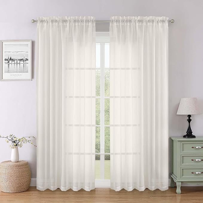 Lecloud Ivory Sheer Curtains 78 Inches Long 2 Pcs, Rod Pocket Light Filtering Bedroom Curtains for Living Room, Rustic Farmhouse Voile Window Drapes for Dining Room, Each Panel 59" W x 78" L