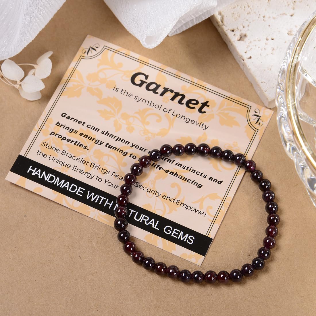 MASSIVE BEADS Garnet - Longevity - Handmade Handmade Yoga Stretch Elastic Bracelet Natural Stone Crystal Healing Power Energy Gifts for Unisex Adult 4mm