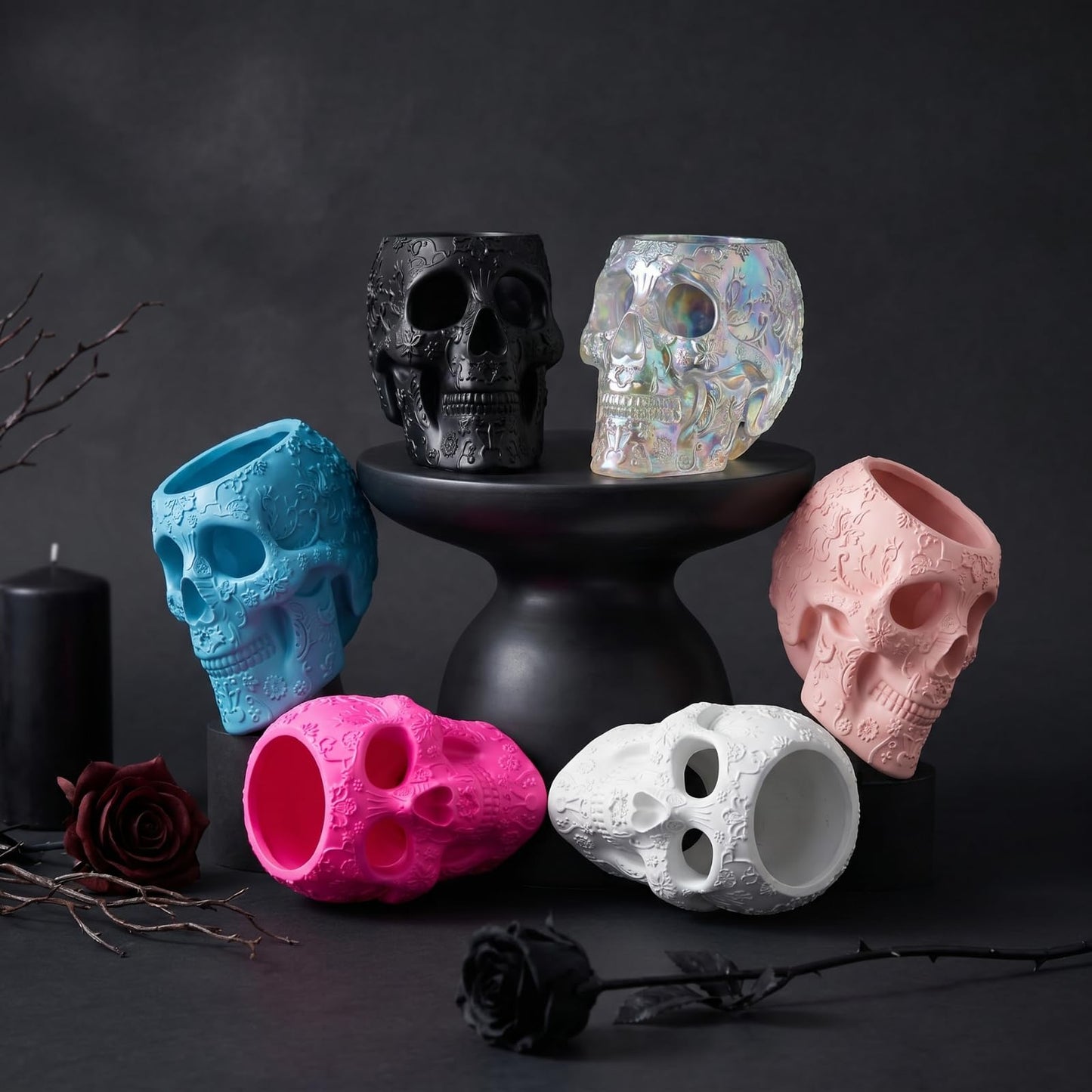 Skull Makeup Brush Holder, Pen Holder, Vanity, Desk, Office Organizer, Stationary, Decor Planter , Candy Bowl , Goth Decorations , Extra Large, Skulls Gothic Skull & Bones Organizer Bathroom (Black)