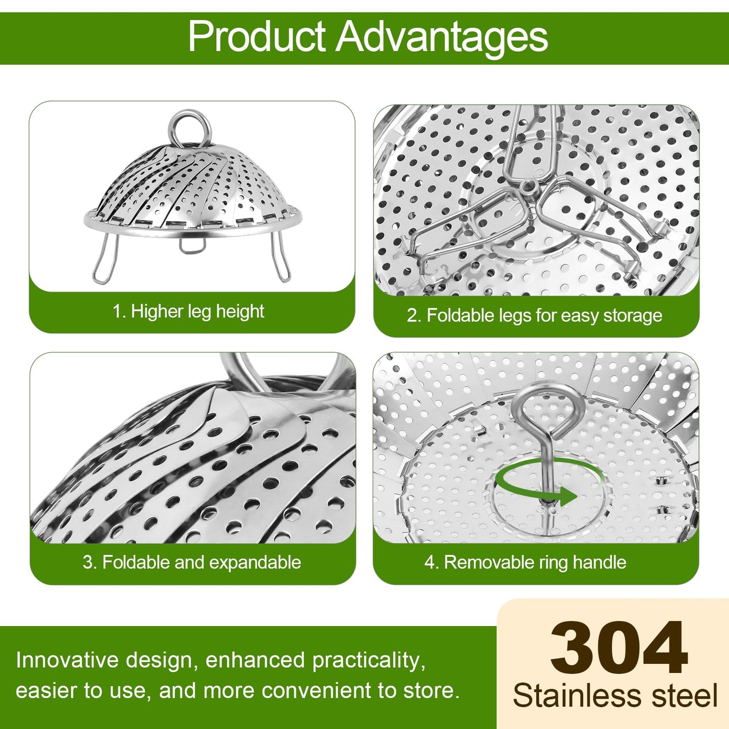Vegetable Steamer Basket - 304 Stainless Steel Folding Steamer Basket for Cooking, Vegetables, Fish, Pasta, Eggs, Fit Various Size Pot (5.5 inches to 9 inches)