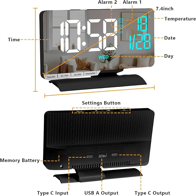 SZELAM Digital Clock,Alarm Clock Bedside,7.3'' Large LED Mirror with Date