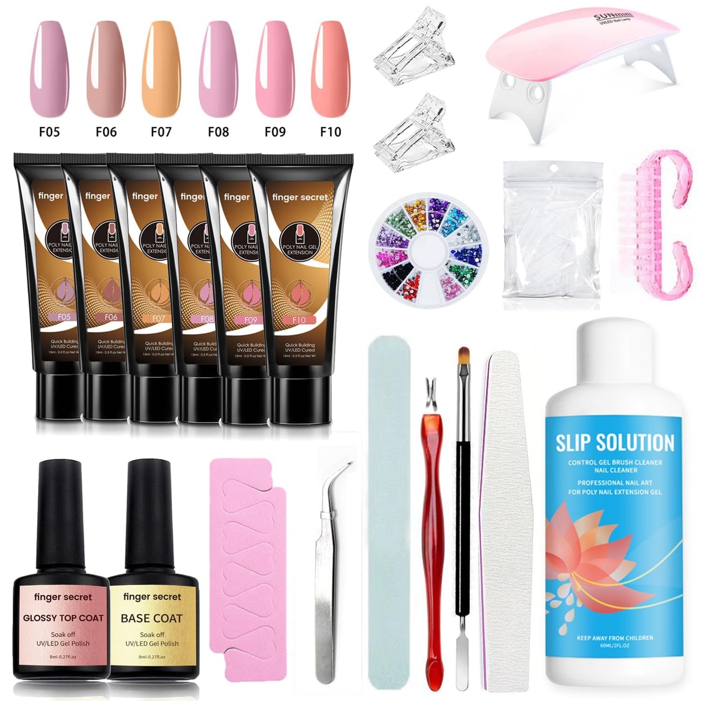 Poly Extension Gel Nail Kit - Professional Nail Gel Set with Slip Solution and Lamp Nail Art Design Beginner,All-in-One French Kit,Nail Thickening Solution