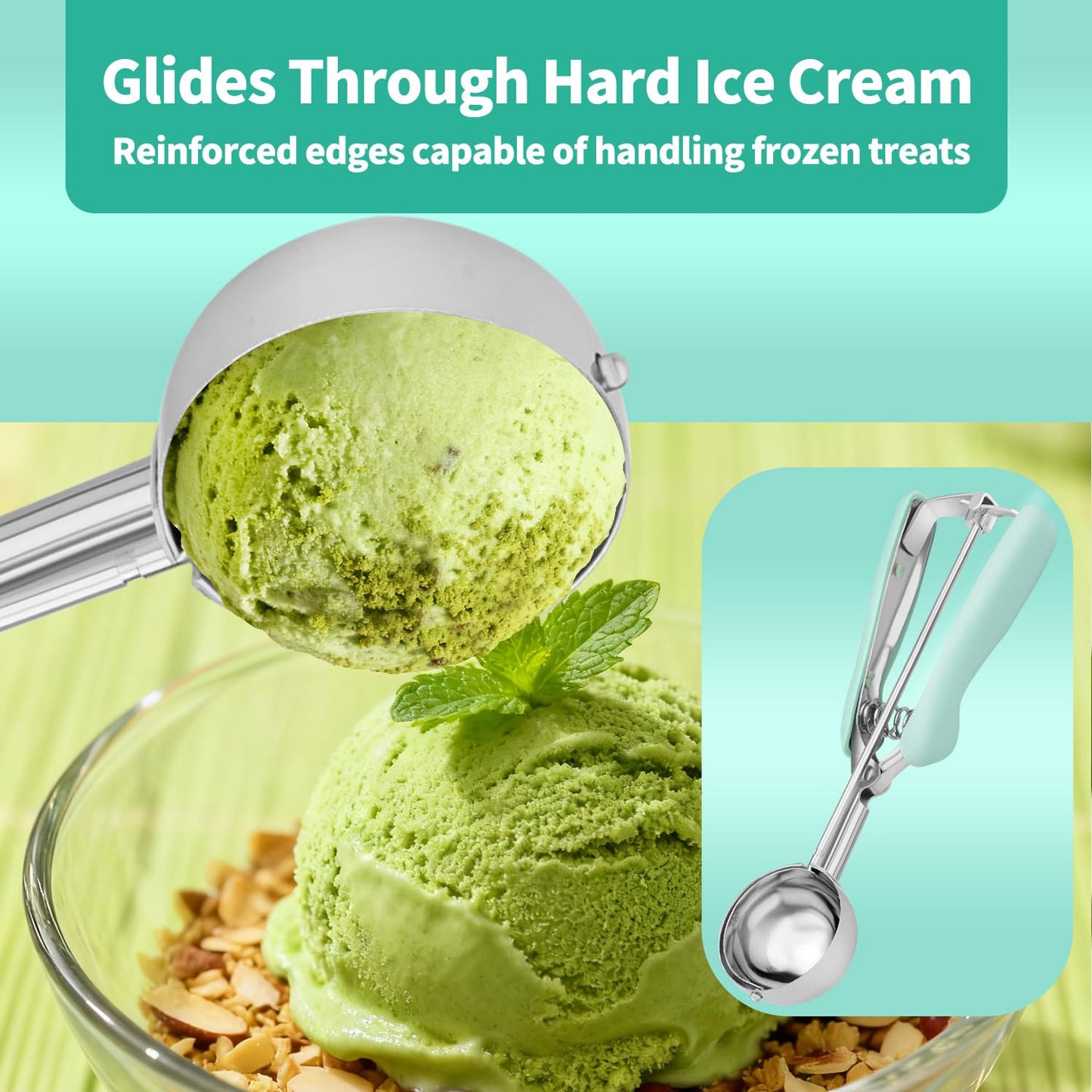Cookie Scoops for Baking Set of 2, 18/8 Stainless Steel Ice Cream Scoop Set with Ergonomic Soft Grip, Spring Trigger Release Cookie Dough Scooper for Cupcakes, Muffins, Meatballs - Pink & Mint Green