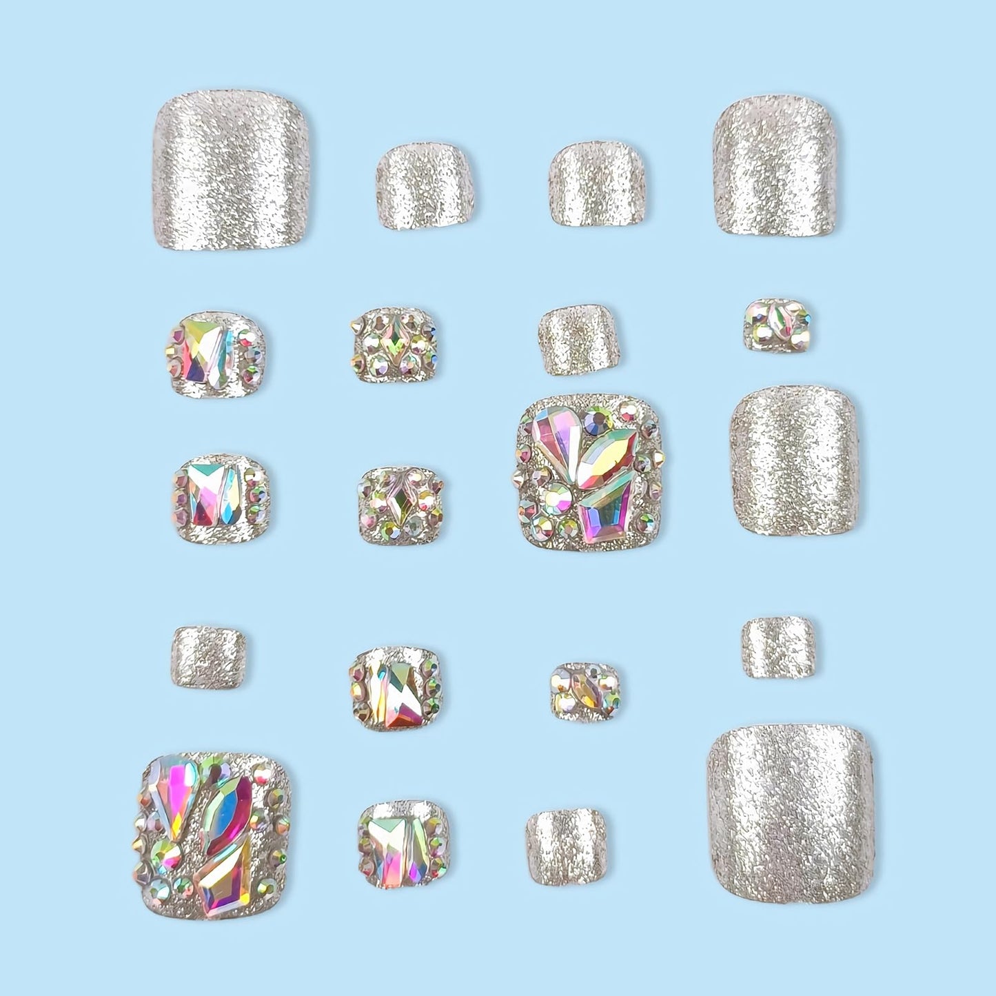 MISUD Press on Toenails - Fake Toe Nails with Rhinestone, Acrylic Toenail Bling Silver Glitter Design 24 pcs