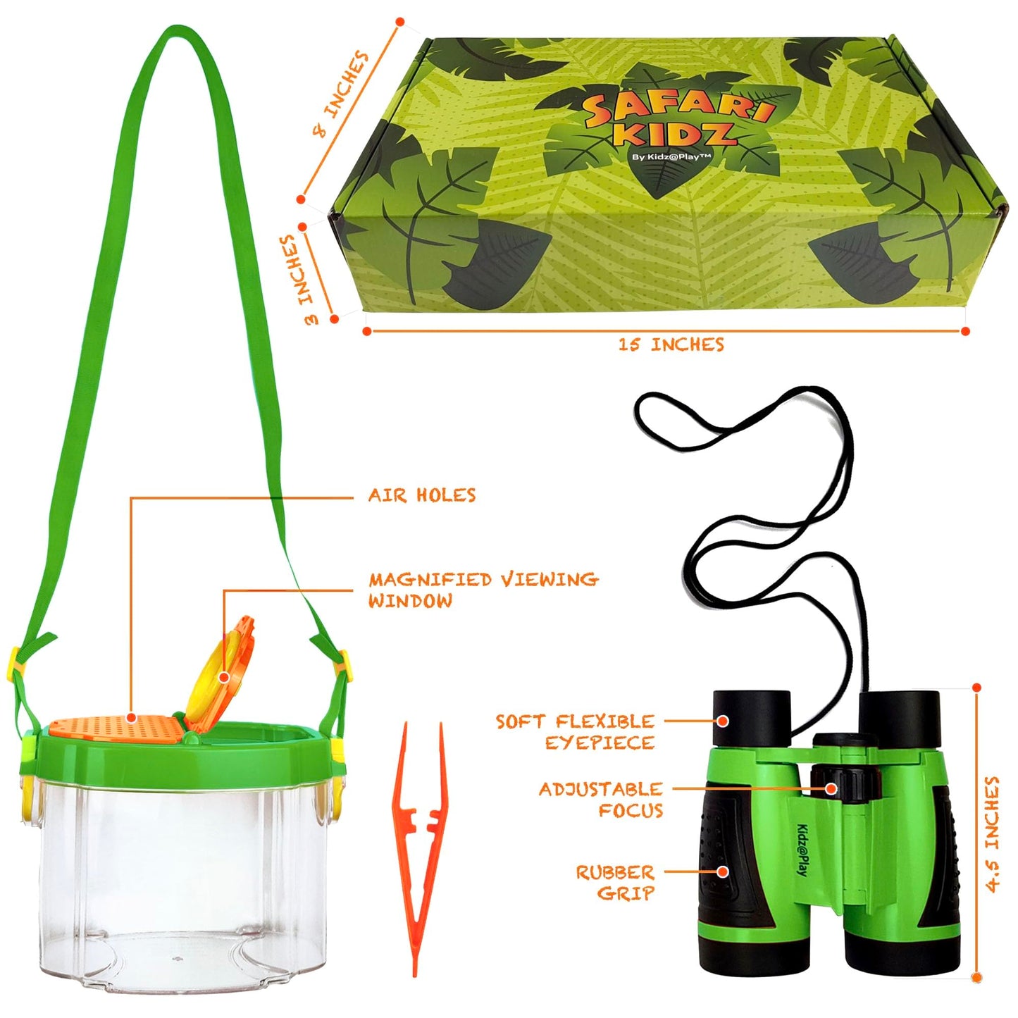 Kidz@Play Bug Hunting Kit, Green Safari Vest, Hat, Binoculars, Lg. Butterfly Net, Bug Container, Whistle, Flashlight, Magnifier, Thermostat, Compass, Age 3+