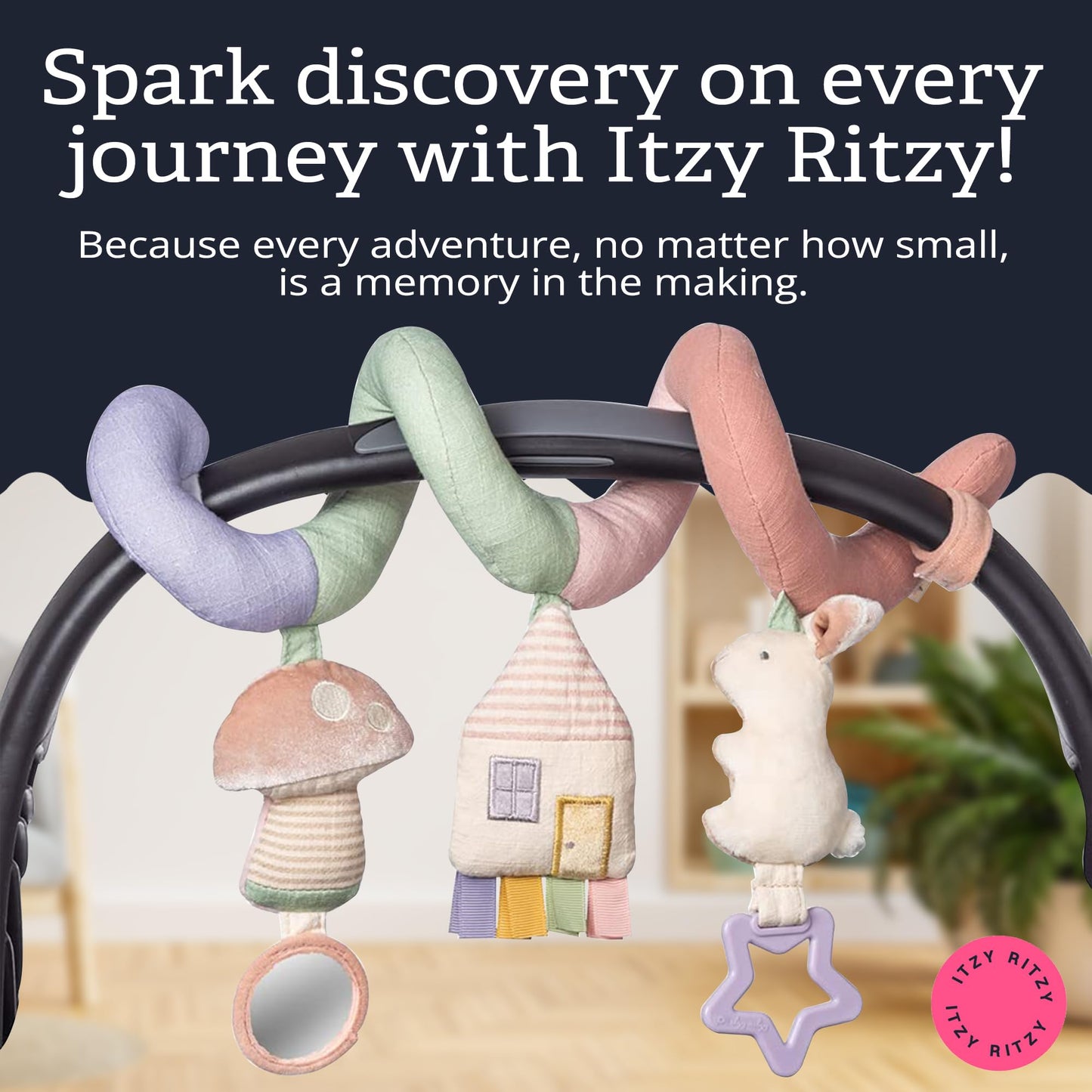 Itzy Ritzy Spiral Car Seat & Stroller Activity Toy - Stroller & Car Seat Toys for Ages 0 Months and Up - Hanging Toys Include Dangling Ring, Mirror and Textured Ribbons (Pastel Rainbow)