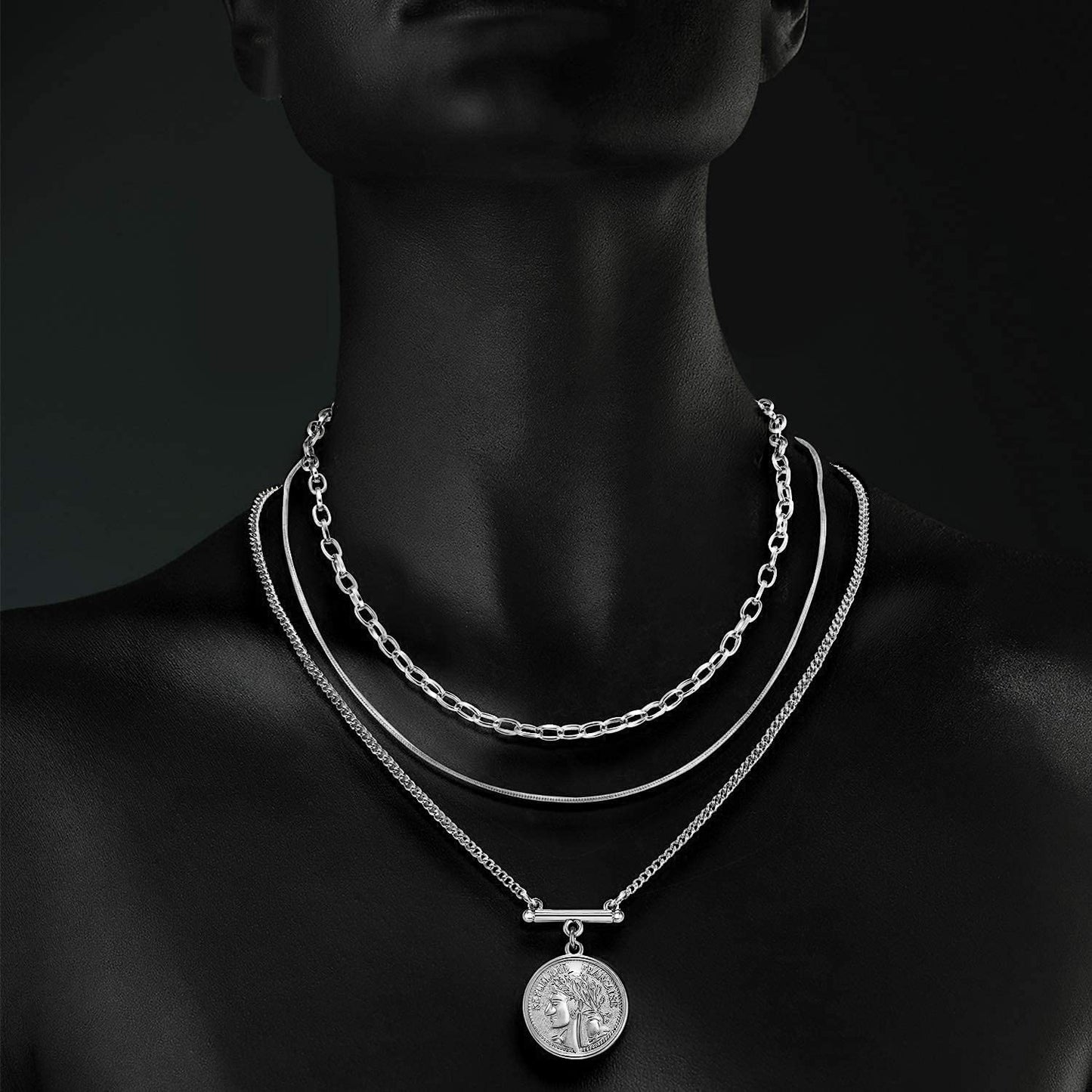 LANE WOODS Gold Plated Necklaces for Women - Multilayer Coin Medallion Pendant Necklace Adjustable Layering Choker Necklaces Chain Set Jewelry（Coin Medallion-Silver）