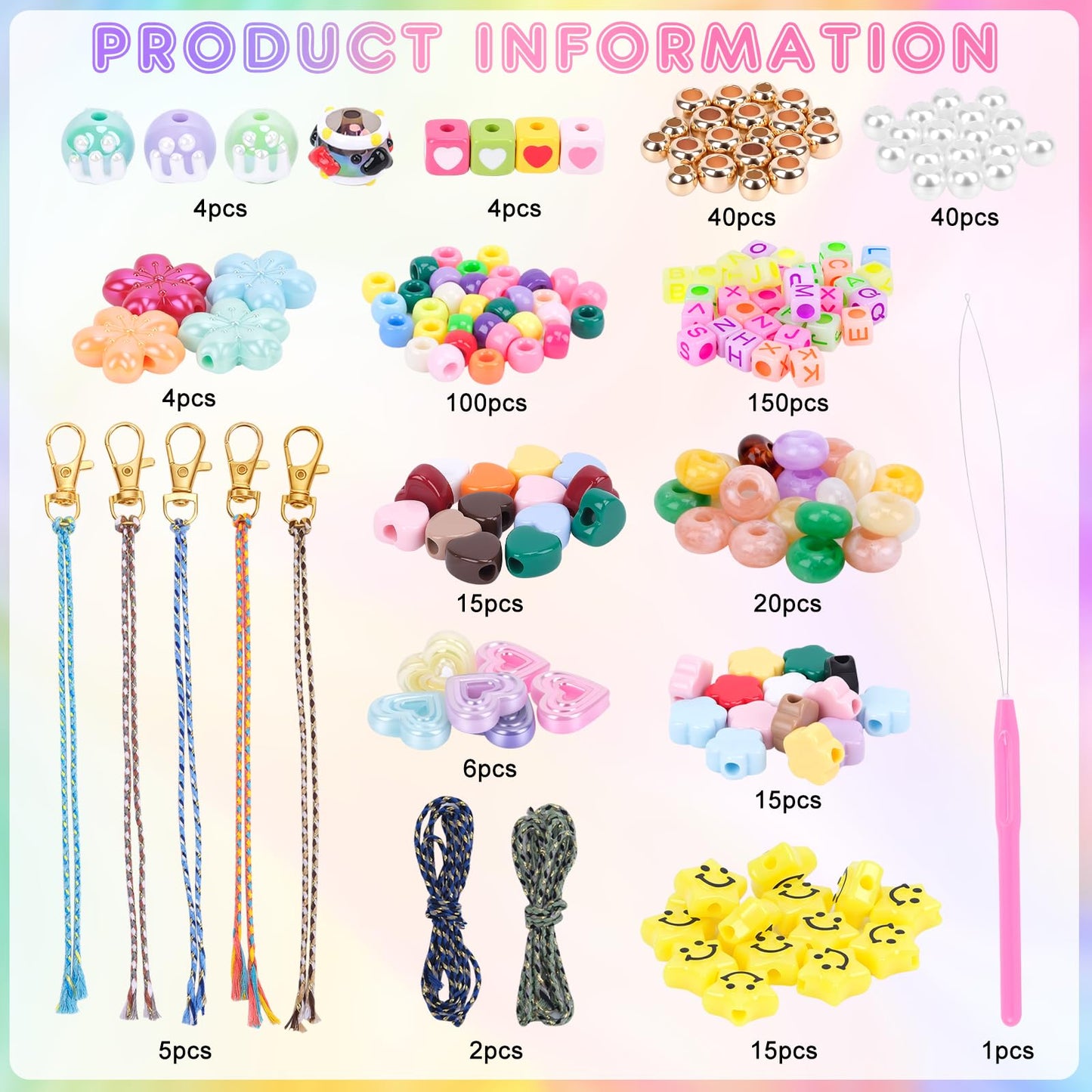 Hysagtek Beaded Keychain Making Kit - 422 Pcs DIY Beaded Bag Charm Kit Acrylic Luminous Letter Alphabet Star Flower Heart Beads Key Chain Making Kit Jewelry Supplies Crafts for Women