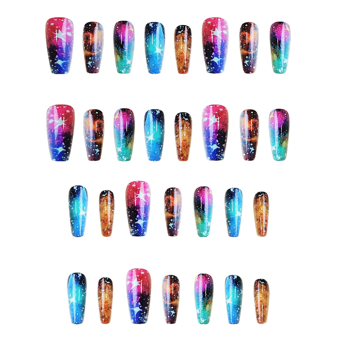 CJDLTS Press on Nails Medium Ballet Shaped Colorful Starry Sky Pattern Design Glitter Nails Stars False Nails Full Cover Artificial Coffin Nails Acrylic Stick on Nails Glossy Glue on Nails for Women