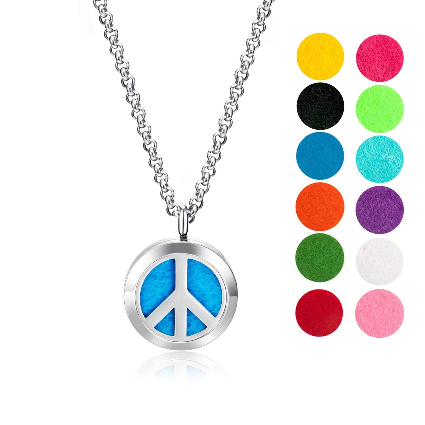 Wild Essentials Peace Sign Necklace Essential Oil Diffuser Kit with Lavender, Lemongrass, Peppermint, Orange Oils, 12 Refill Pads, Calming Aromatherapy Gift Set, Customizable Color Changing, Perfume