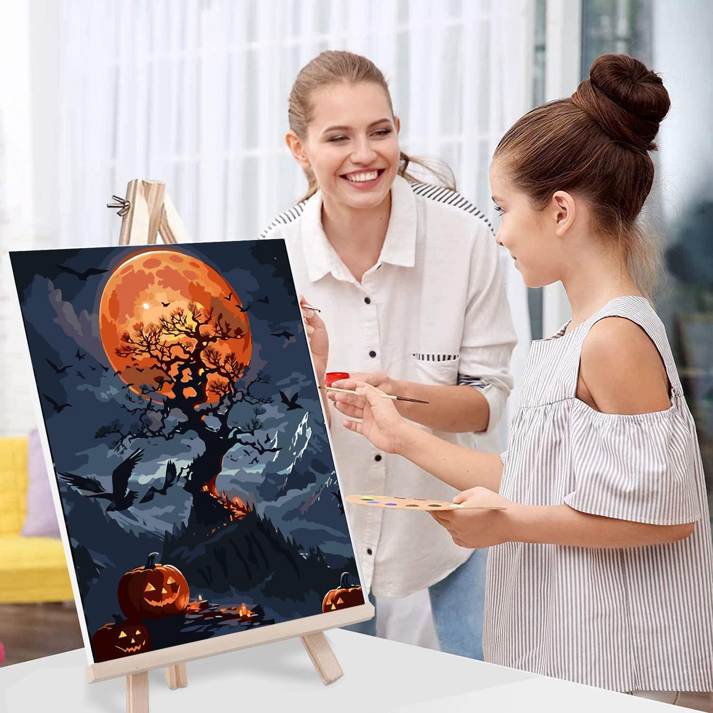 Halloween Paint by Numbers for Adults with Framed Canvas-with Wooden Easel,Paint by Numbers Kits Framed Canvas,DIY Acrylic Oil Painting Kits with Brushes Nice Gift Box for Home Wall Decor(12x16 Inch)