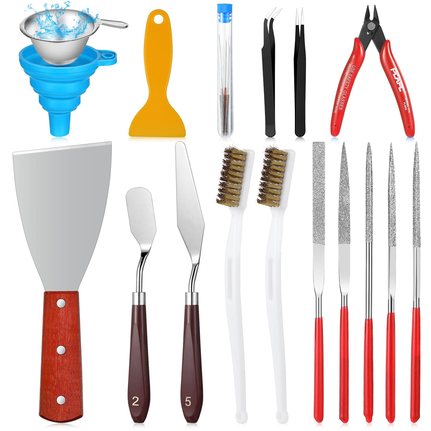 25 Pcs 3D Printer Tools Kit Nozzle Cleaning Kit Include Remove Putty Knife 2 Scrapers, 2 Brushes, Shovel, 5 Diamond Files, 2 Tweezers, 10 Needles, Pliers, Funnel for 3D Printing Model Building