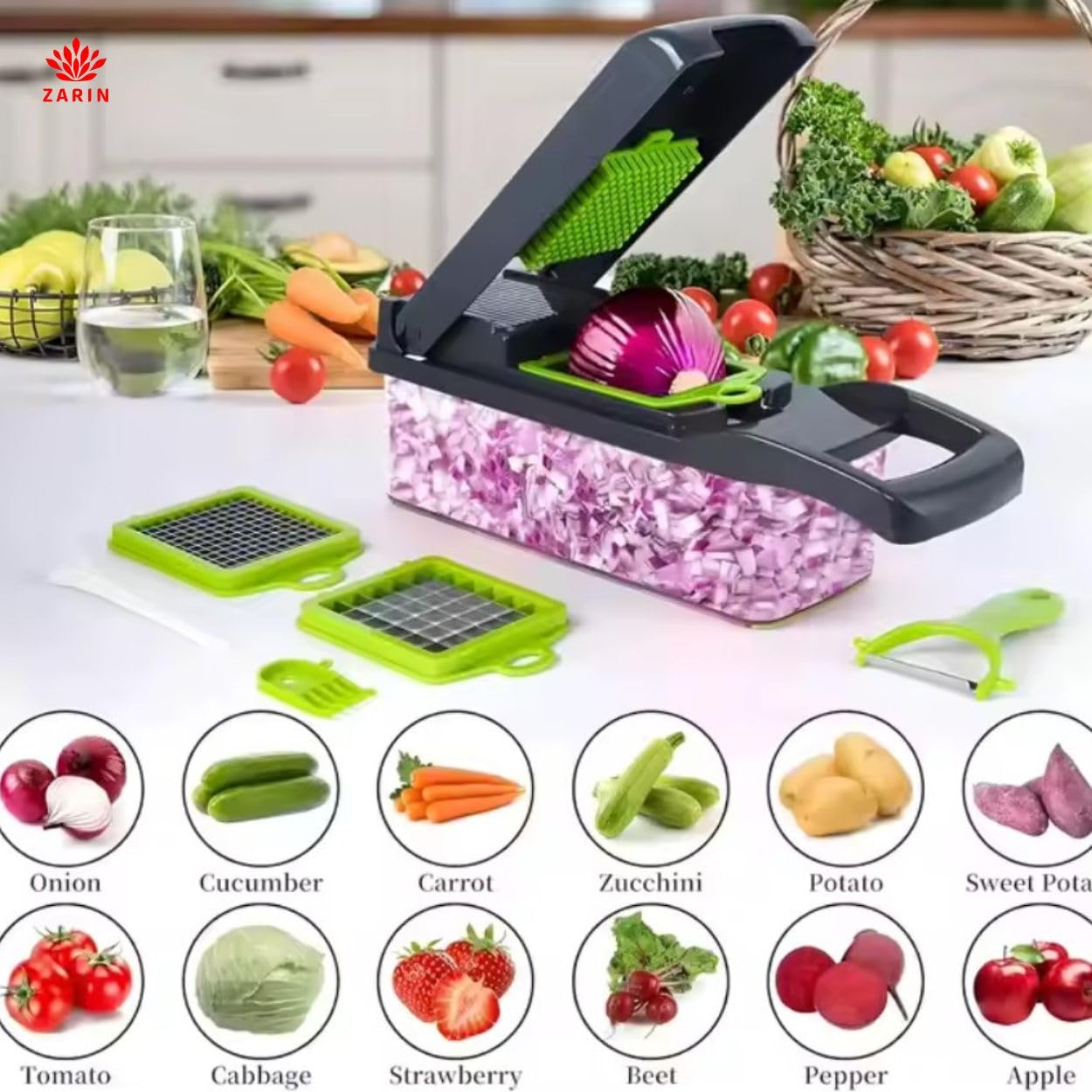 ZARIN 16‑in‑1 Vegetable Chopper & Slicer – Multi-Function Kitchen Gadget for Onions, Fruits & Vegetables – Mandoline Slicer with Interchangeable Blades for Easy Meal Prep